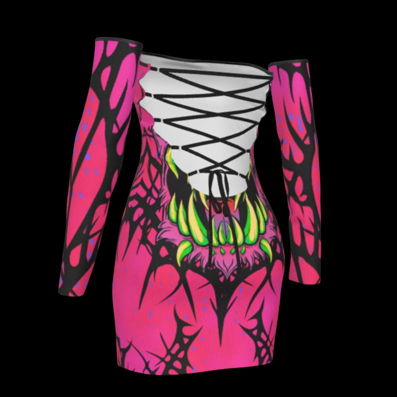 May include: A vibrant pink off-the-shoulder dress with long sleeves. The dress features a black and pink pattern on the sleeves and a graphic monster design on the front. The back has a white lace-up detail.