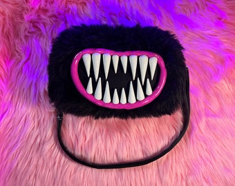 Monster Mouth Purse Handbag with Teeth and Detachable Chain Strap | Black Furry Unisex Handbag | Faux Fur Pink
