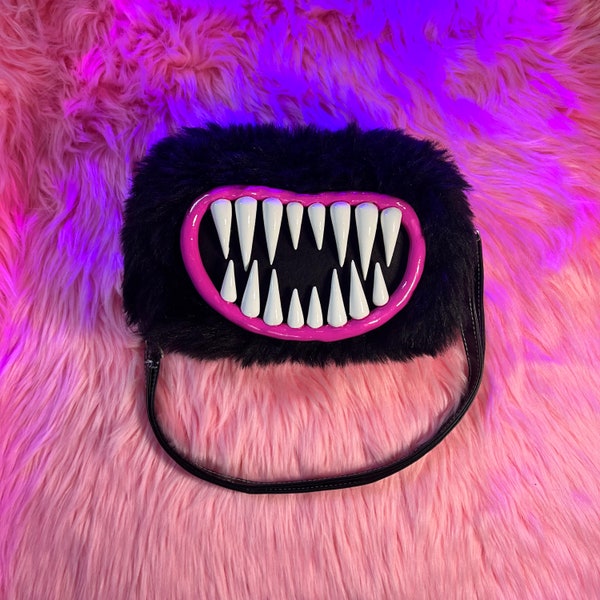 Monster Mouth Purse Handbag with Teeth and Detachable Chain Strap | Black Furry Unisex Handbag | Faux Fur Pink