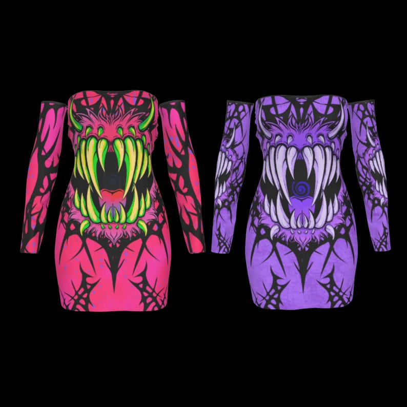 May include: Two off-the-shoulder dresses with long sleeves. One is bright pink with a green and yellow monster mouth design, and the other is purple with a white monster mouth design. Both have black tribal-style accents.