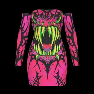 May include: A vibrant pink, off-the-shoulder dress with long sleeves. The dress features a striking graphic of a monster's mouth with sharp yellow and green teeth, set against a black background. The sleeves have a matching black and pink design.