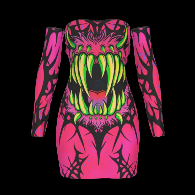 May include: A vibrant pink, off-the-shoulder dress with long sleeves. The dress features a striking graphic of a monster's mouth with sharp yellow and green teeth, set against a black background. The sleeves have a matching black and pink design.