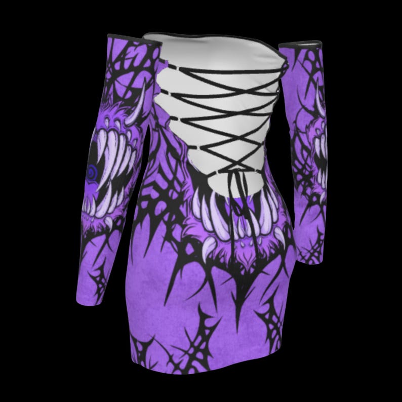 May include: A purple off-the-shoulder dress with long sleeves. The dress features a black and white design of a monster with sharp teeth and a lace-up back. The dress is a mini-dress style.