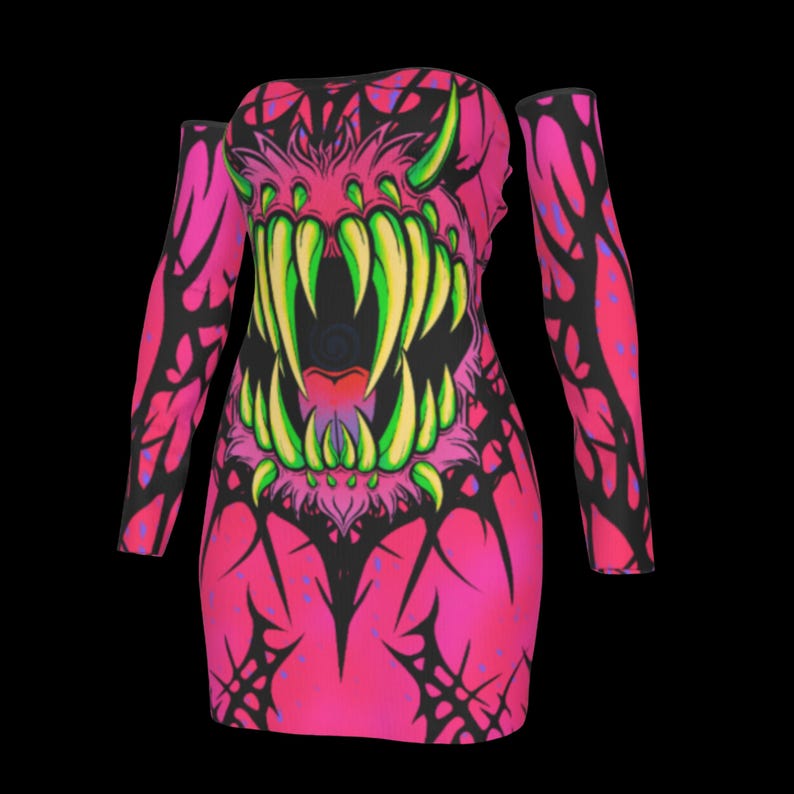 May include: A hot pink, long-sleeved dress with a monster graphic. The graphic features a large mouth with sharp yellow teeth, green gums, and a red tongue. Black, spidery lines and purple dots accent the dress.
