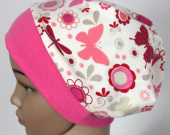 Schmetterlinge und Blumen, rosa pink - Mütze Beanie - Kinder Mädchen - Bündchenfarbe und Grösse wählbar