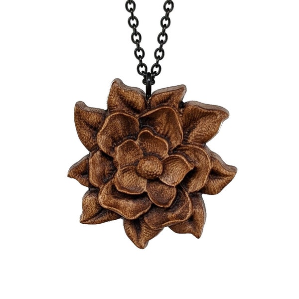 Magnolia Pendant Wood Carved Necklace