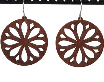 Stained Glass Style Round Flower Wood Earrings