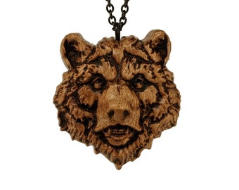 Bear Carved Wood Pendant Necklace