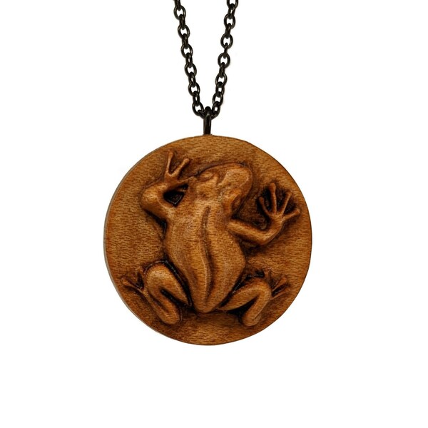 Frog Carved Wood Pendant Necklace