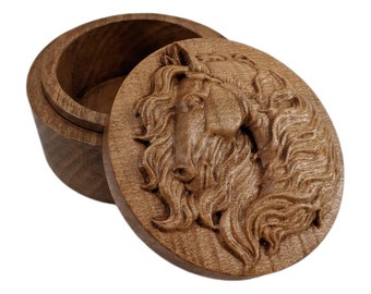 Horse Carved Wood Round Keepsake Box