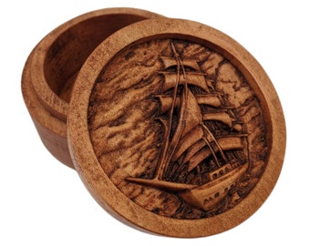 Sailboat Carved Wood Round Keepsake Box