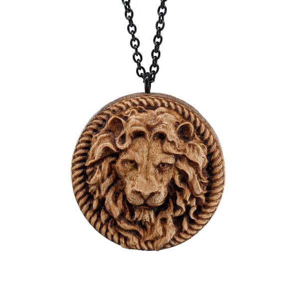 Lion Wood Carved Pendant Necklace