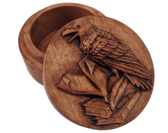 Raven Carved Wood Round Box