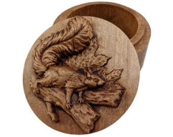 Squirrel Carved Wood Round Keepsake Box