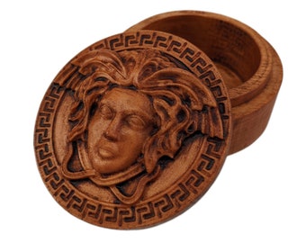 Medusa Carved Wood Round Box