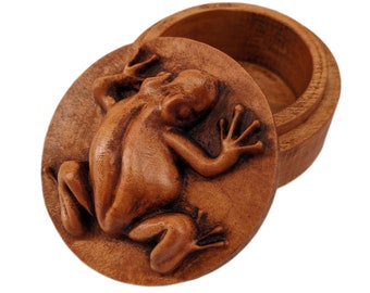 Frog Carved Wood Round Keepsake Box