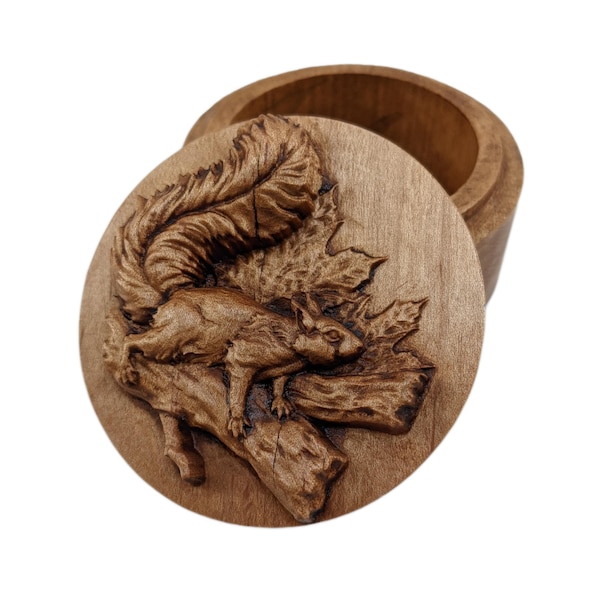 Squirrel Carved Wood Round Keepsake Box