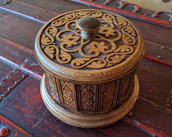 Decorative Engraved Round Wooden Box