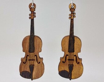 Realistic Miniature Fiddle Violin Wood Earrings