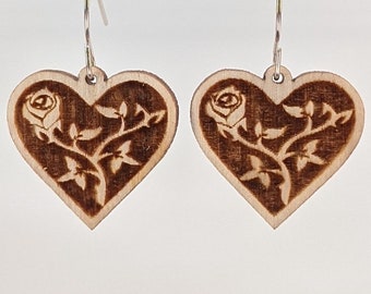 Heart and Rose Wood Earrings