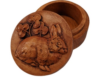 Lucky Rabbit and Clover Carved Wood Keepsake Box