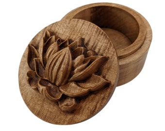 Lotus Flower Carved Wood Round Keepsake Box