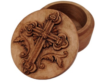 Ornate Cross Carved Round Wooden Keepsake Box