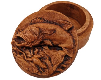 Fish Carved Wood Round Keepsake Box