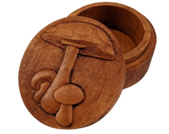 Mushroom Carved Wood Round Keepsake Box