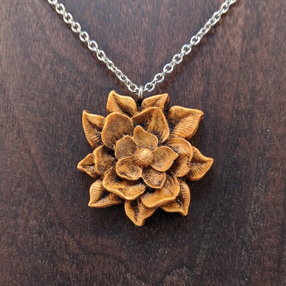 Wood Carved Magnolia Pendant Necklace 