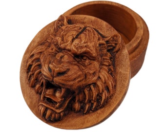 Tiger Carved Wood Round Keepsake Box