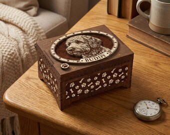 Caja de música conmemorativa personalizada para perros Doodle, urna de recuerdo, impresión de foto en el interior.