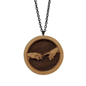 The Creation of Adam by Michelangelo Carved Wood Pendant Necklace