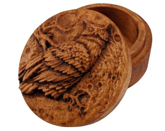 Owl and Moon Carved Wood Round Box