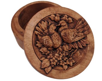 Lovebirds Carved Wood Round Keepsake Box