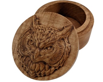 Owl Carved Wood Round Keepsake Box