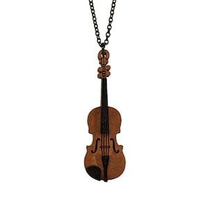 Miniature Violin Wood Carved Pendant Necklace