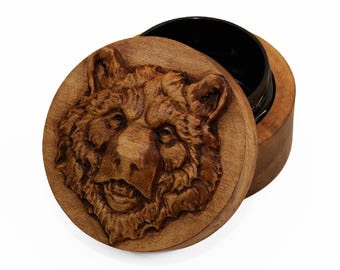 Bear Carved Wooden Ring Box, Keepsake Urn