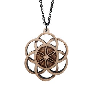 Seed of Life Carved Wood Pendant Necklace
