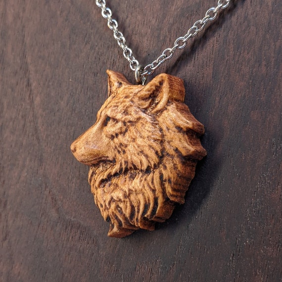 Carved Wood Wolf Side View Pendant 