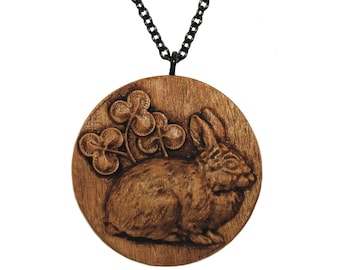 Lucky Rabbit Carved Wood Pendant Necklace