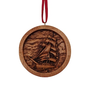 Sailboat Carved Wood Christmas Ornament, Your Photo And Text On The Back