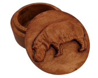 Hippopotamus Carved Wood Round Keepsake Box