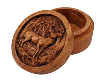 Deer In The Woods Round Carved Wooden Keepsake Box