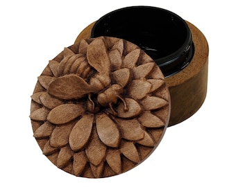 Bee Round Carved Wooden Ring Box, Keepsake Urn