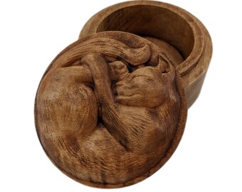 Sleeping Cat Carved Round Wood Box