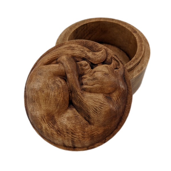 Sleeping Cat Carved Round Wood Box