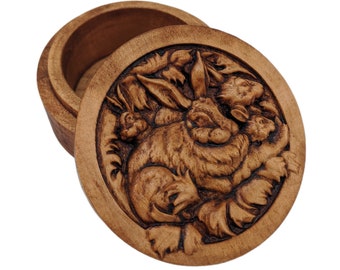 Rabbit Carved Wood Round Keepsake Box