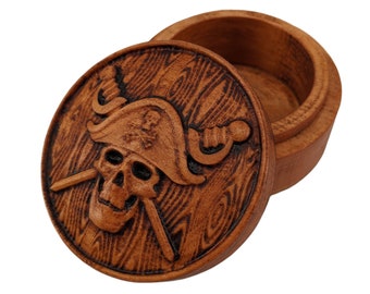 Pirate Carved Wood Round Treasure Box