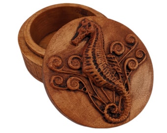 Seahorse Carved Wood Round Keepsake Box